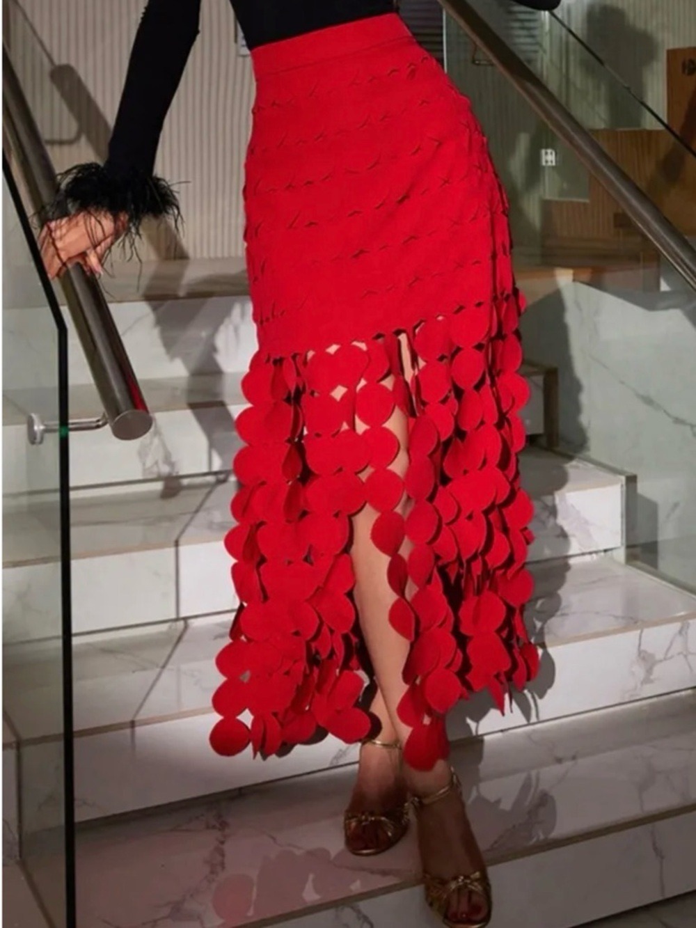 Circle Fringed Laser Cut Midi Skirt SZ L Red